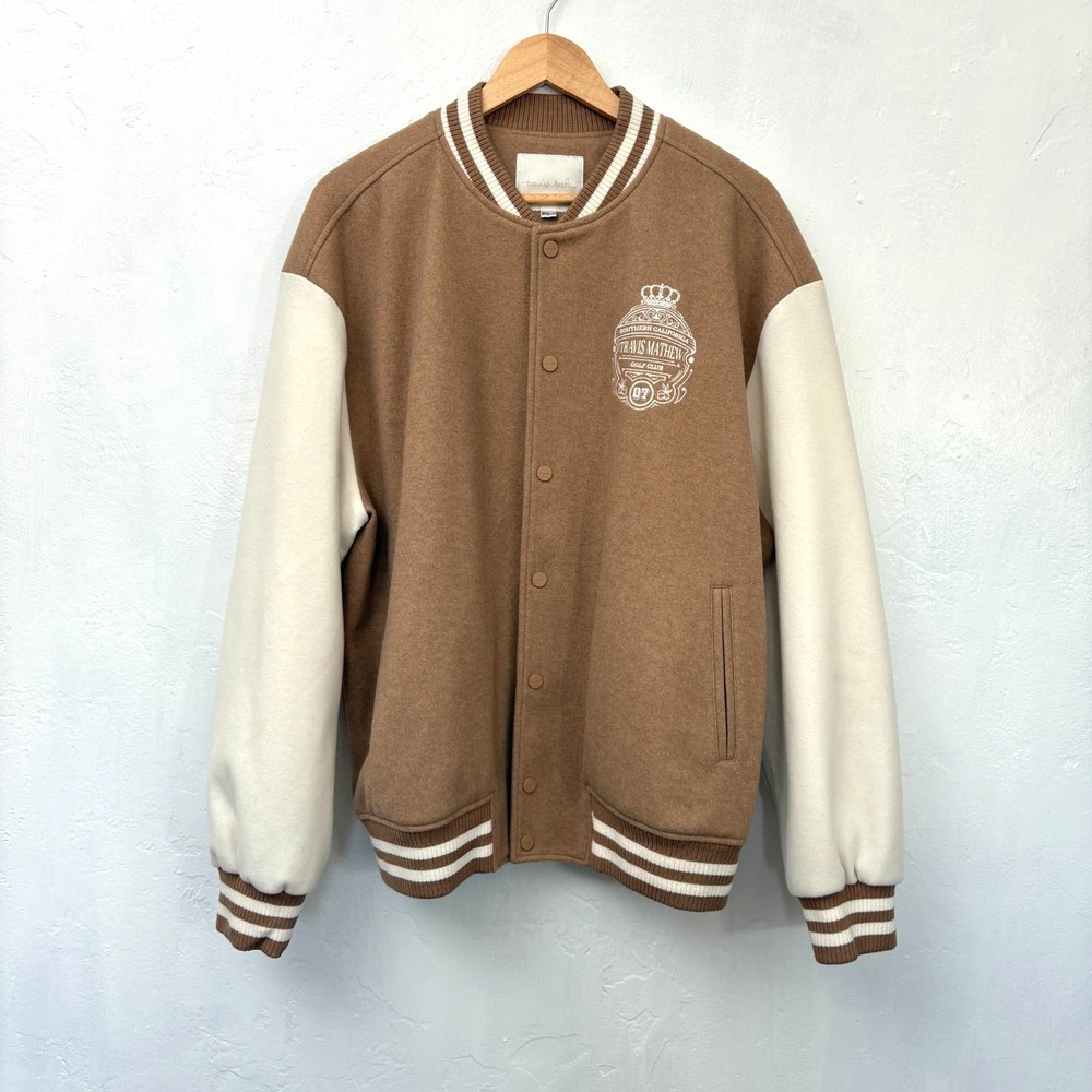 Travis Matthew Victory Mile Varsity Jacket Men Size XL Beige Cream FLAWS